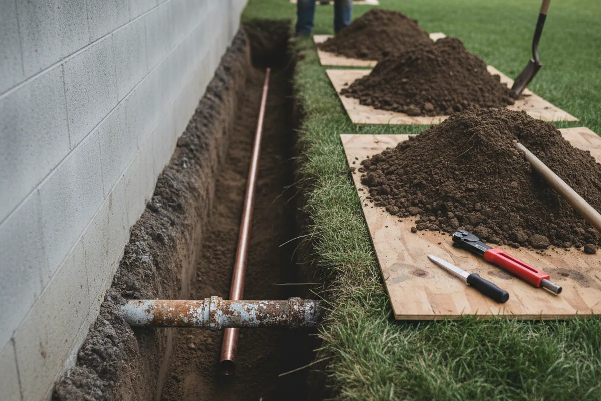 Excavated water line trench during Water Heater Repair in Herald
